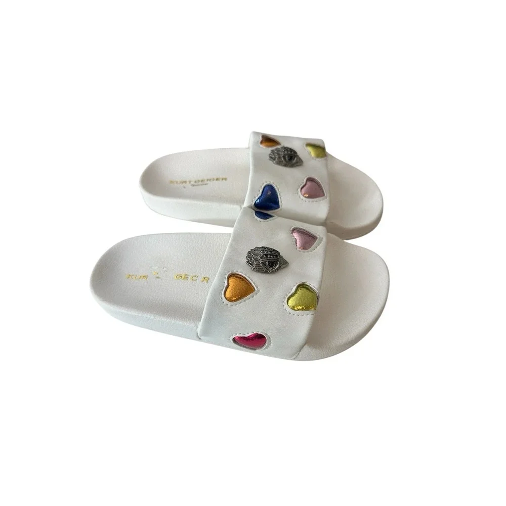 Kurt‎ Geiger Girls Sandals Size 12 Metallic Logo White Hearts Kids Designer